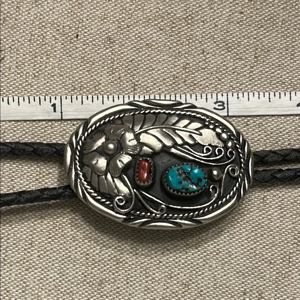 Vintage Southwestern Style Bolo with Genuine Coral and Turquoise SSI USA